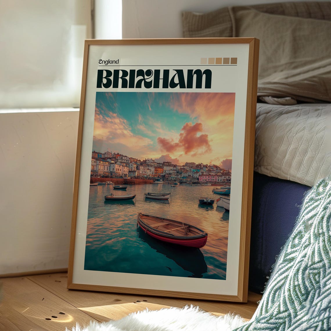 Brixham England Harbour Boats Sunset Water Reflection Poster - Image 3