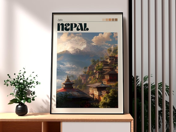 Nepal Asia Hillside Town Temple Snow Peak Valley Travel Poster