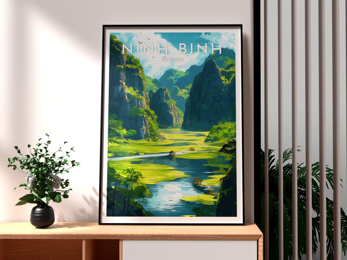 Ninh Binh Vietnam Karst Mountains River Boat Landscape Travel Poster