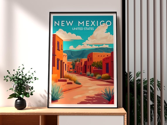 New Mexico Santa Fe Adobe Street Sunset Vintage Travel Poster