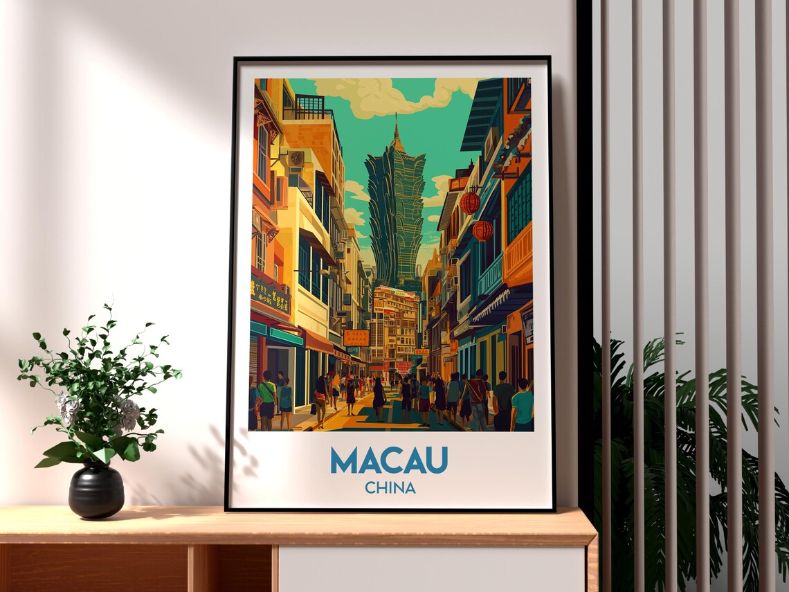 Macau China Colorful City Street Iconic Lotus Tower Scene Poster