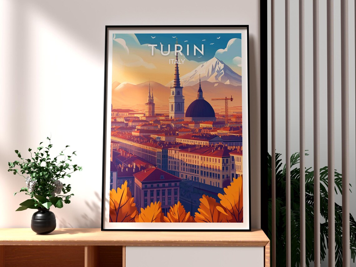 Turin Italy City Skyline Alps Sunset Glow Vintage Travel Poster