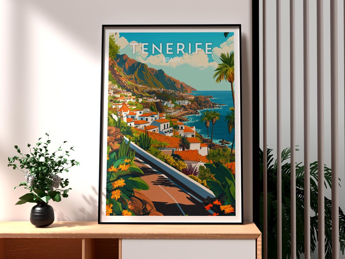 Tenerife Spain Coastal Town Cliffs Blue Sea Vintage Travel Poster