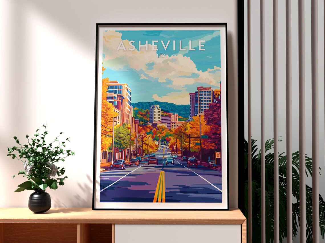 Asheville North Carolina Fall Colors City Street Travel Poster