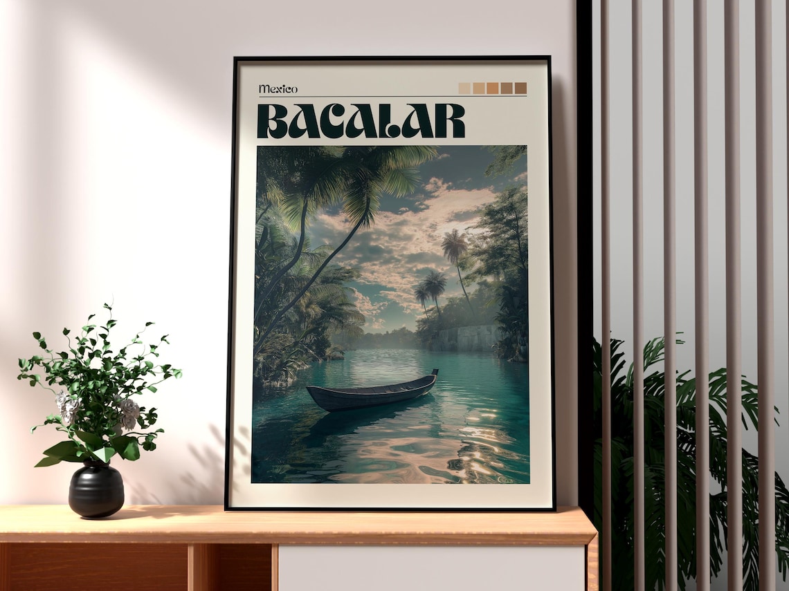 Bacalar Mexico Lagoon Canoe Palm Shore Vintage Travel Poster