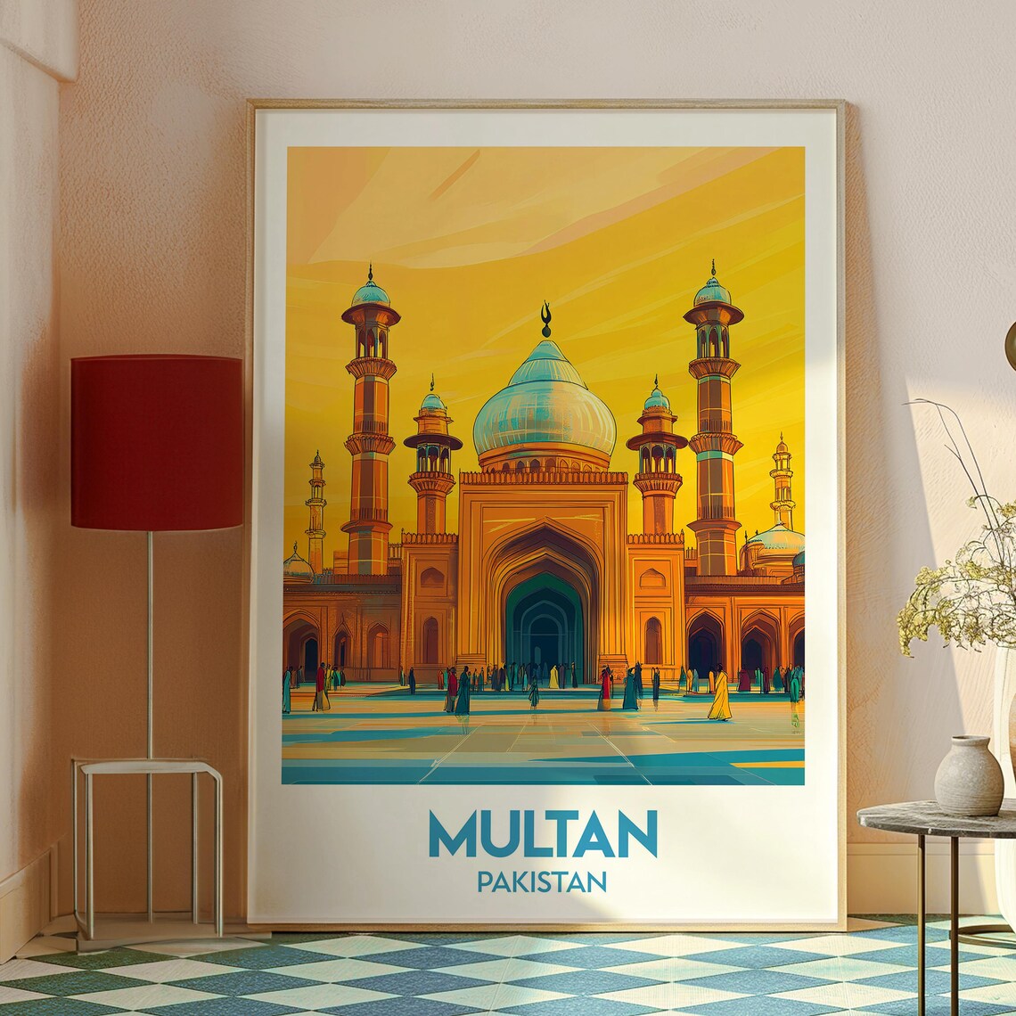 Multan Pakistan Grand Mosque Golden Sunset Retro Travel Poster - Image 2