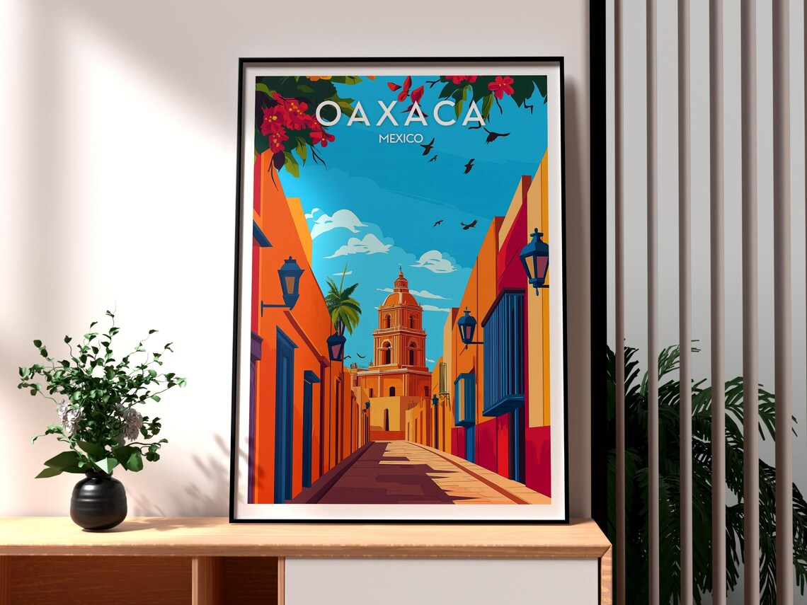 Oaxaca Mexico Sunlit Street Flowers Colonial Church Travel Poster
