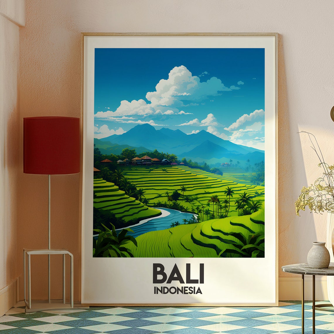 Bali Indonesia Ubud Lush Green Rice Terraces Mountain View Poster - Image 2