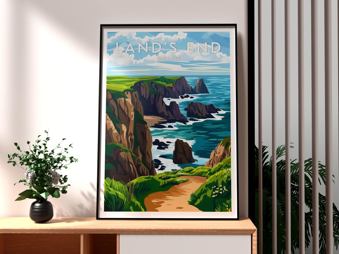 Lands End England Dramatic Cliffs Sea Stacks Coastal Travel Poster