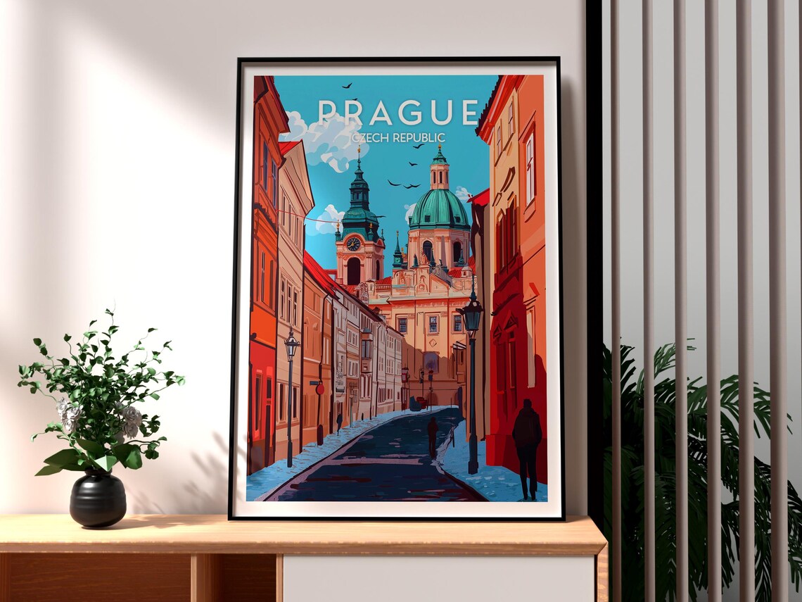 Prague Czech Republic Baroque Church Street Sunny Travel Poster