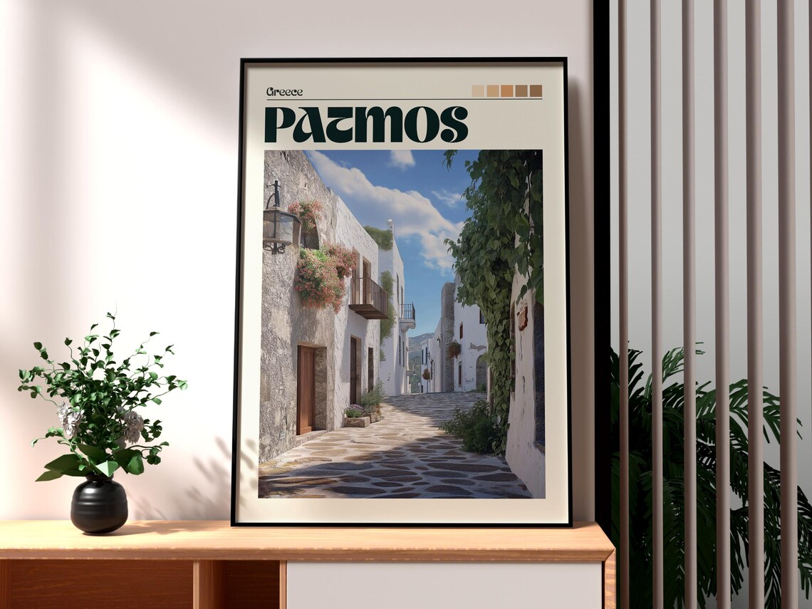 Patmos Greece Whitewashed Old Town Stone Alley Travel Poster