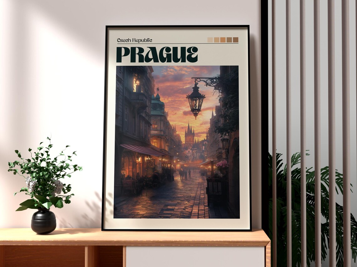 Prague Czech Republic Europe Old Town Sunset Retro Travel Poster