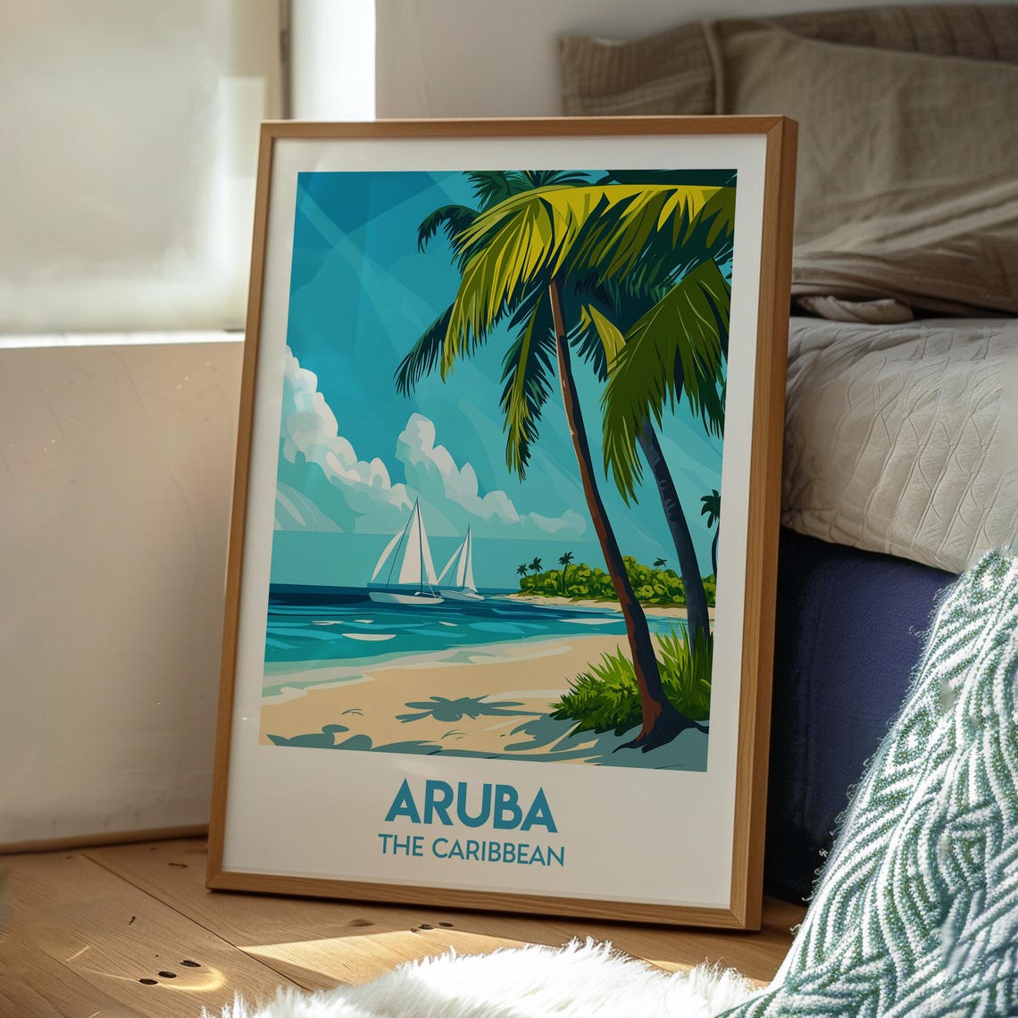 Aruba Caribbean Beach Palm Trees Sailboat Tropical Travel Poster - Image 3