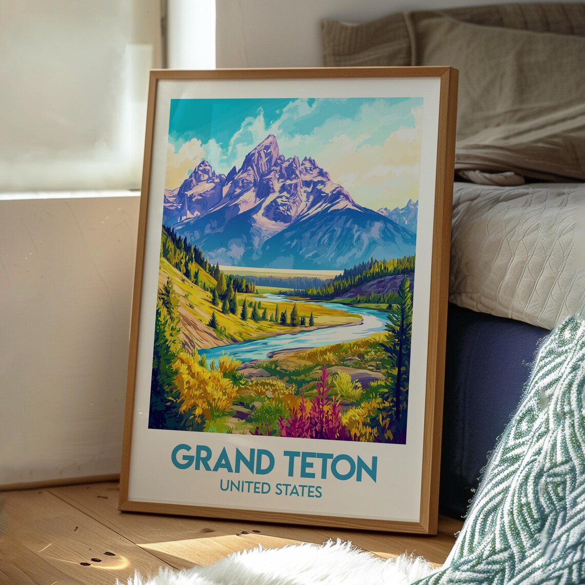 Grand Teton USA Purple Peak Valley River Vintage Landscape Poster - Image 3