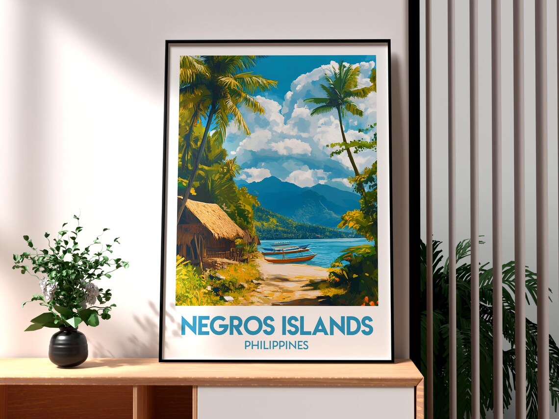 Negros Islands Philippines Tropical Beach Boat Hut Scene Travel Poster