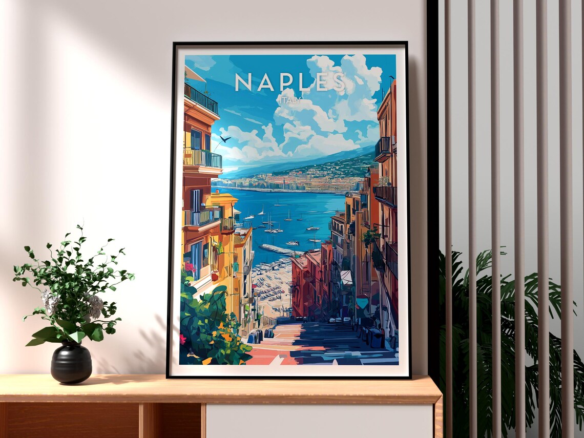 Naples Italy Bay Overlook Steep Street Boats Vintage Travel Poster