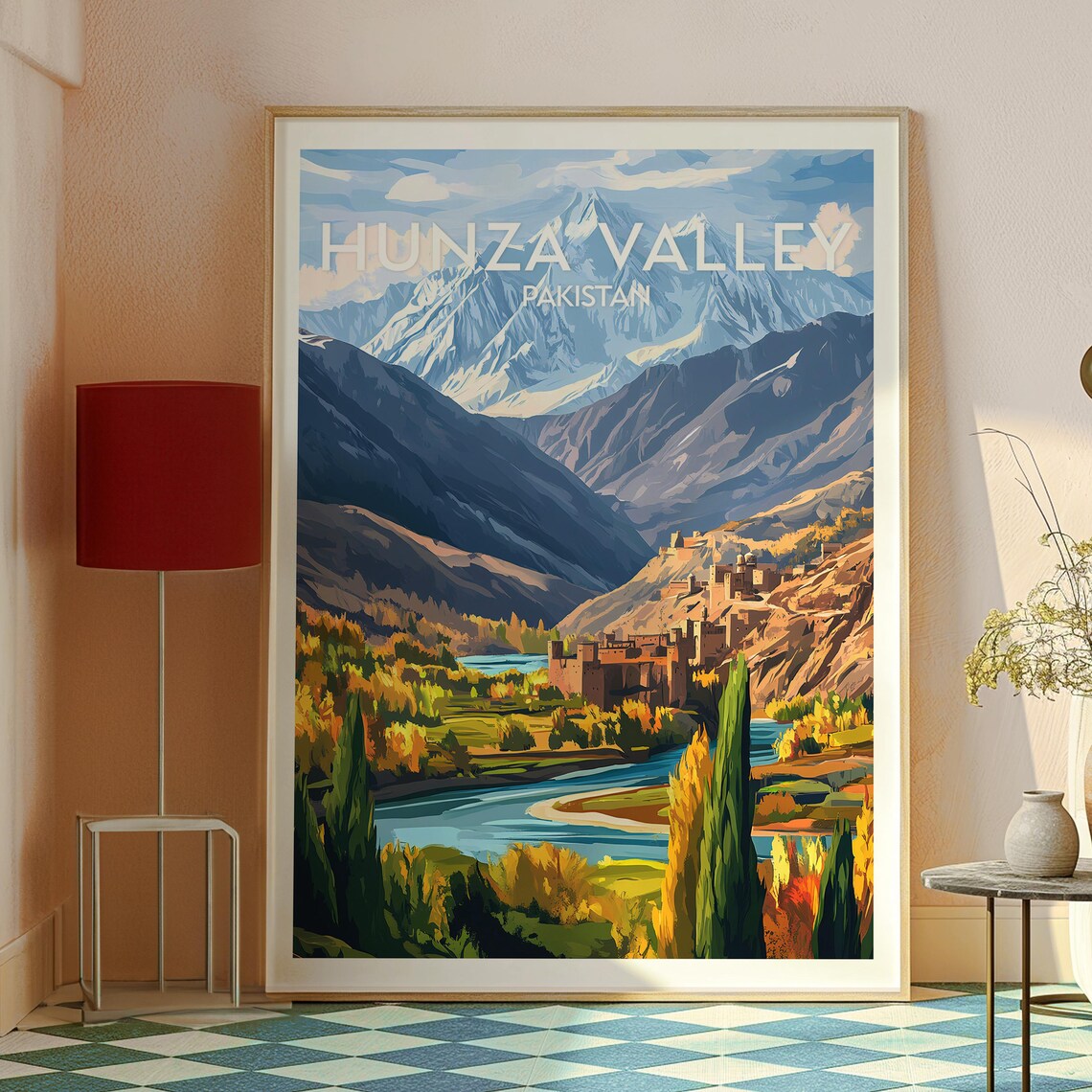 Hunza Valley Pakistan Snow Peaks River Autumn Vintage Travel Poster - Image 2
