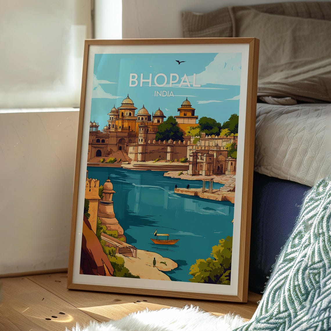 Bhopal India Lakeside Palace Royal Domes Serene Boat Travel Poster - Image 3