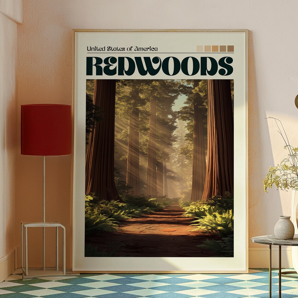 Redwoods USA Ancient Giant Forest Trail Sunbeams Travel Poster - Image 2