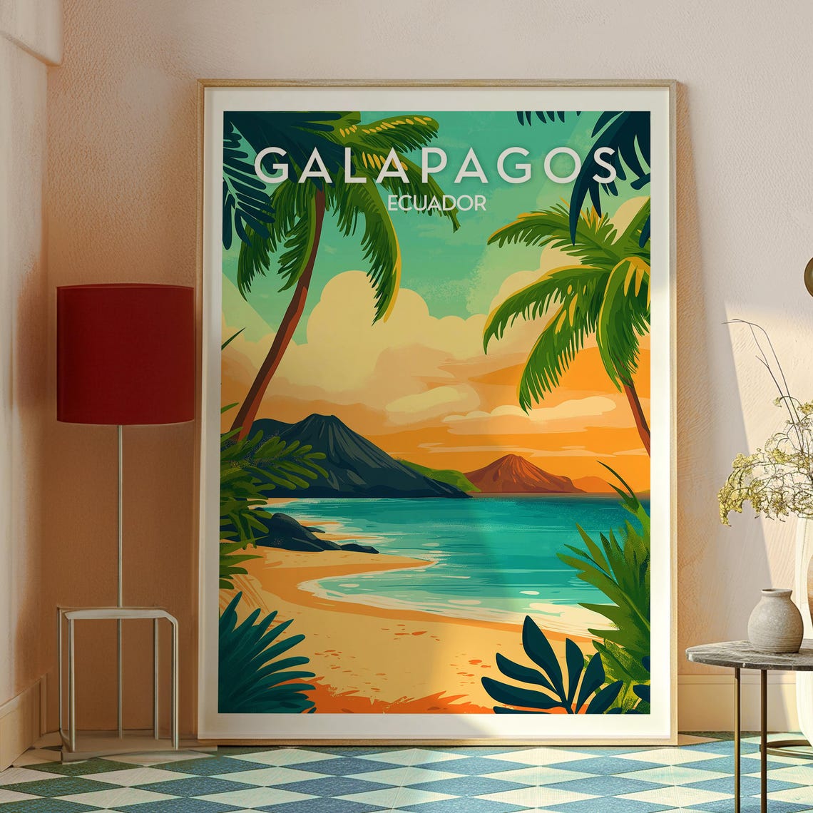 Galapagos Ecuador Tropical Sunset Beach With Palm Trees Poster - Image 2