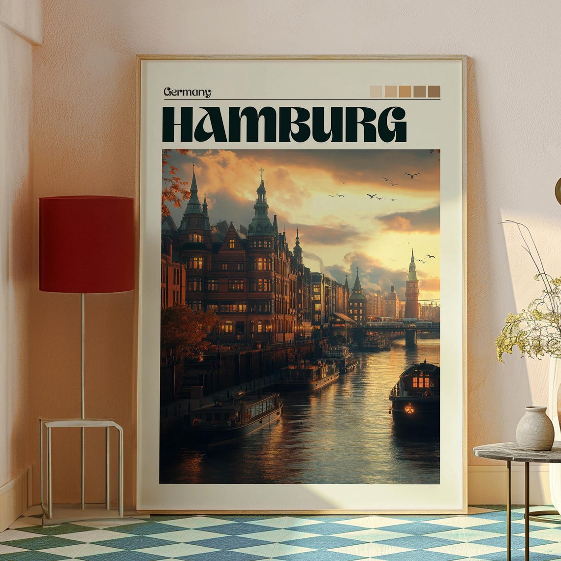 Hamburg Germany Harbor Sunset Historic Canal Boats River Poster - Image 2