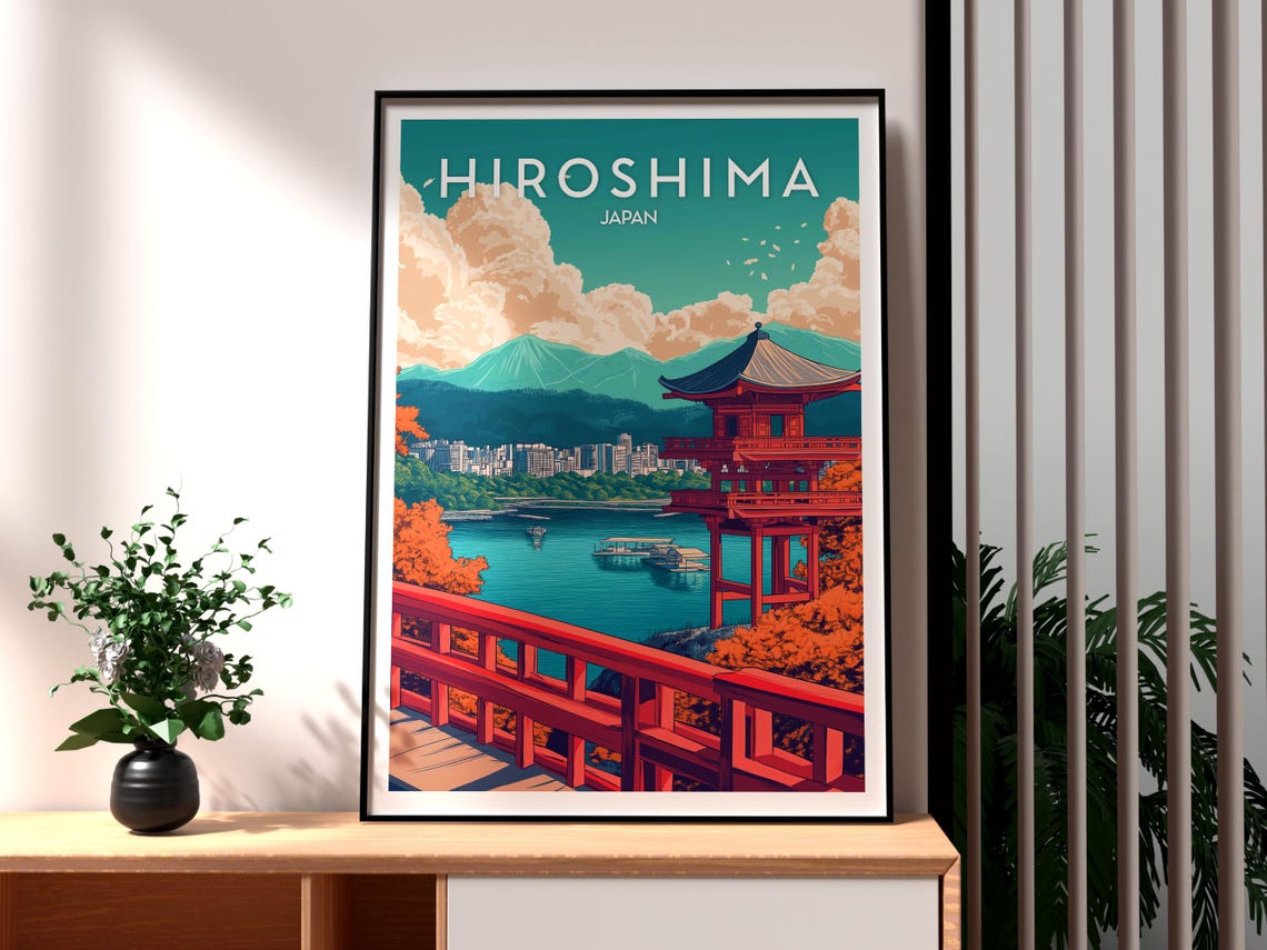 Hiroshima Japan Red Pagoda Lake View Cherry Trees Travel Art Poster