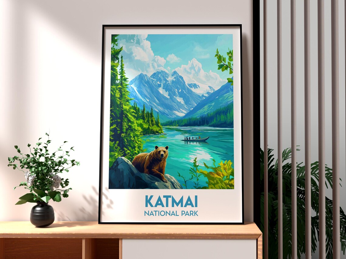 Katmai National Park Alaska Brown Bear Lake Glacier Peaks Poster