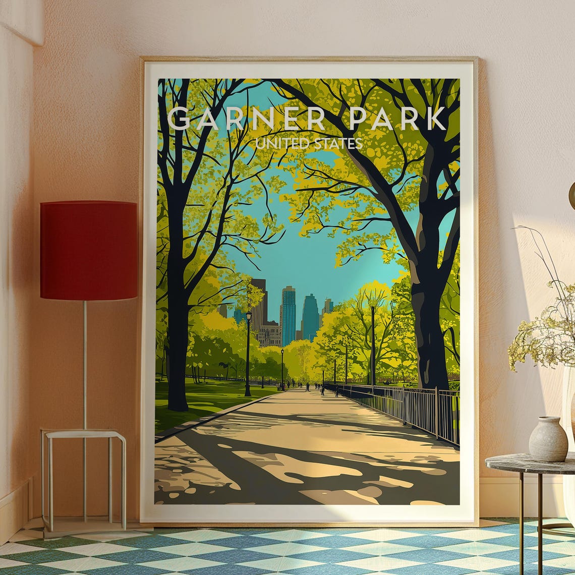 Garner Park Vintage Sunlit Tree Lined Path City Skyline Poster - Image 2