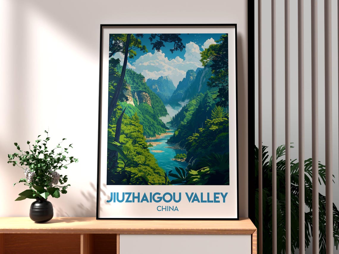 Jiuzhaigou Valley China Misty Mountain Gorge Turquoise River Poster
