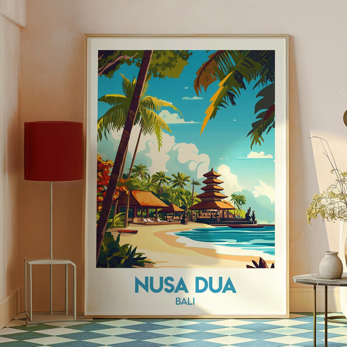 Nusa Dua Bali Vintage Beach Temple Island Travel Illustration Poster - Image 2