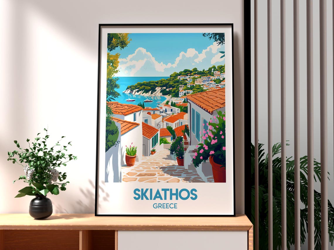 Skiathos Greece White Village Island Harbor View Travel Poster