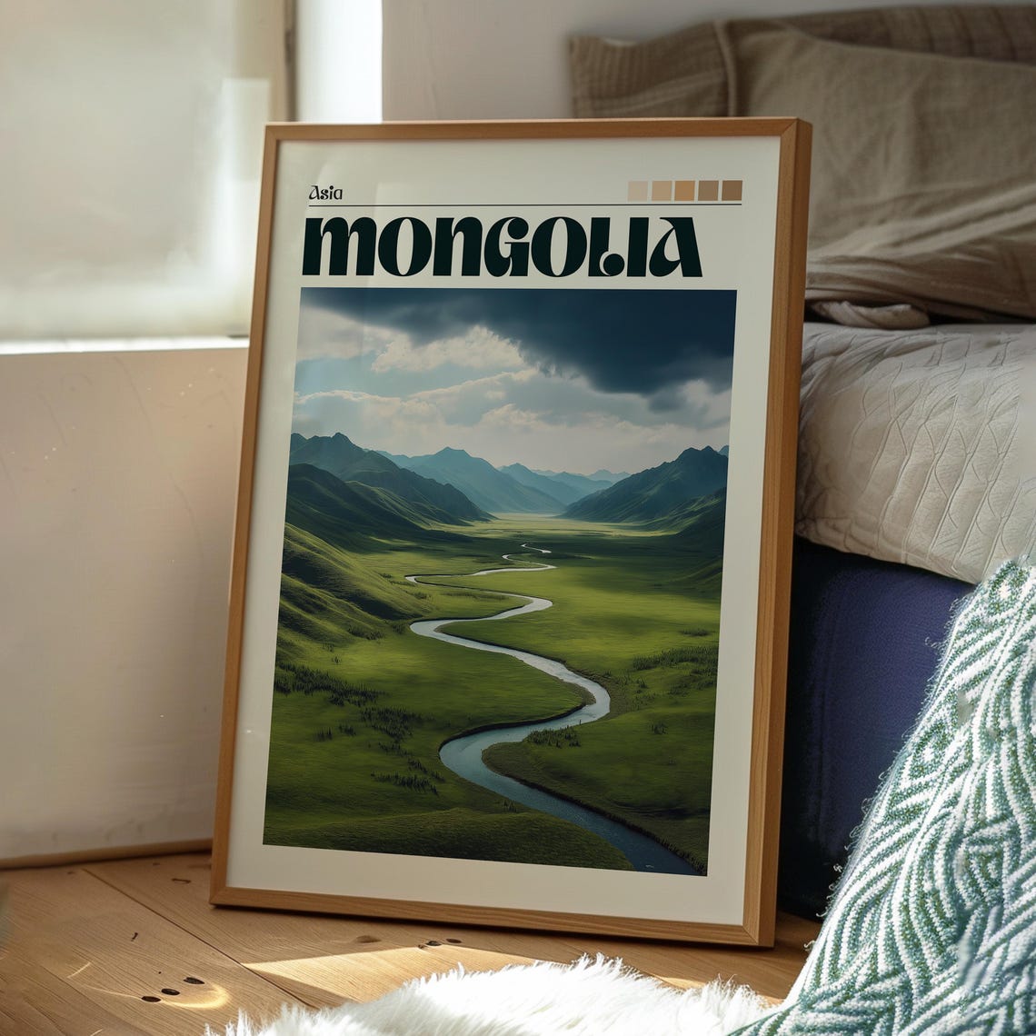 Mongolia Asia Winding River Green Valley Mountain View Poster - Image 3