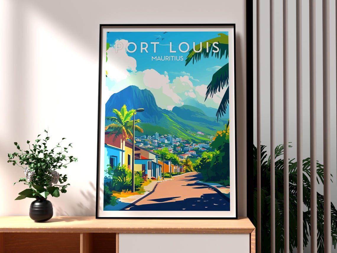 Port Louis Mauritius Mountain Backdrop Palm Street Travel Poster