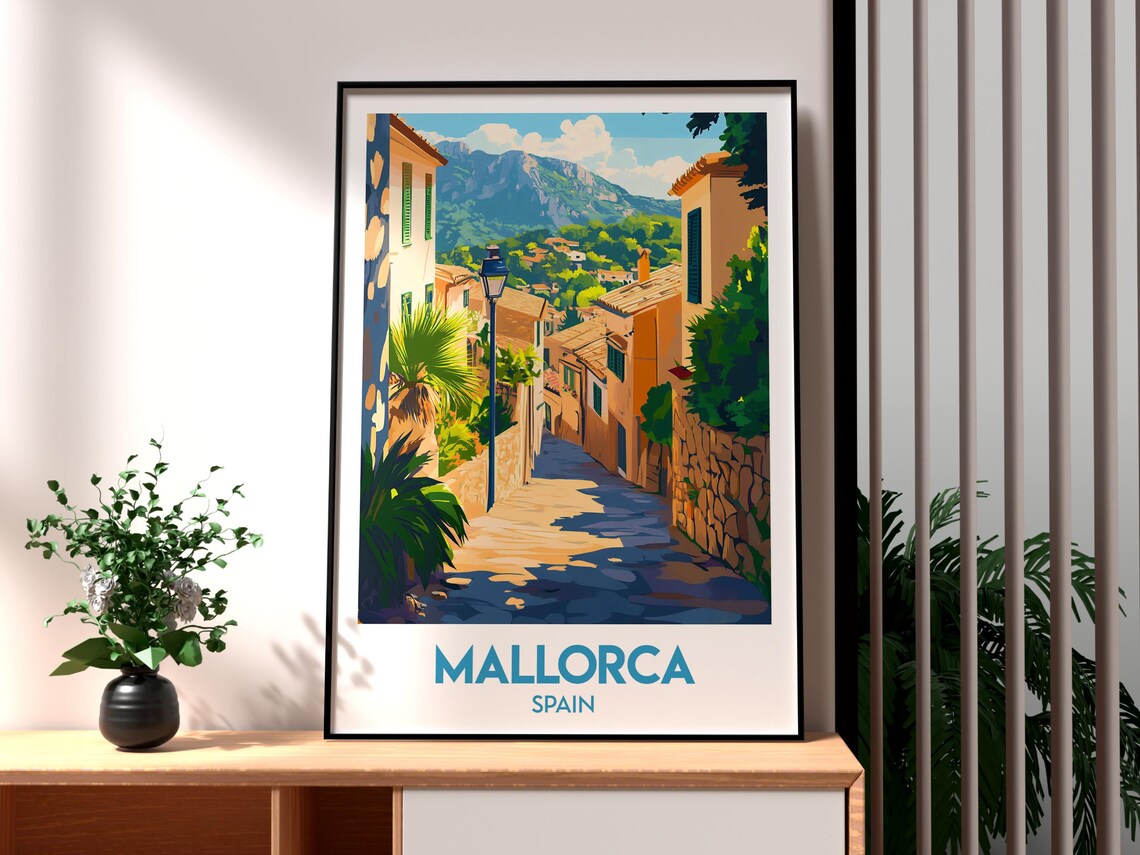 Mallorca Spain Village Street Mountain View Sunny Travel Poster