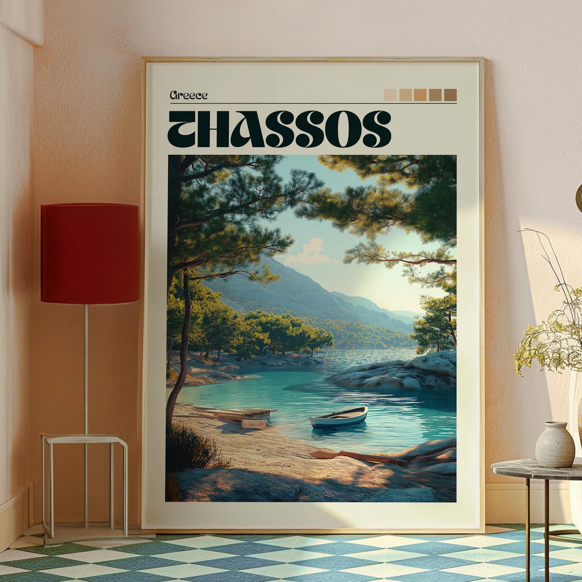 Thassos Greece Pine Cove Turquoise Sea Boat Retro Travel Poster - Image 2
