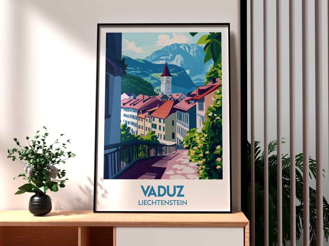 Vaduz Liechtenstein Alpine Town Church Mountain Travel Poster