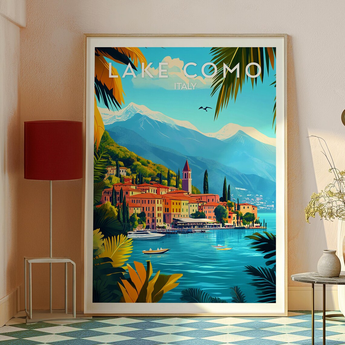 Lake Como Italy Lakeside Town Alpine Peaks Palm Fronds Poster - Image 2