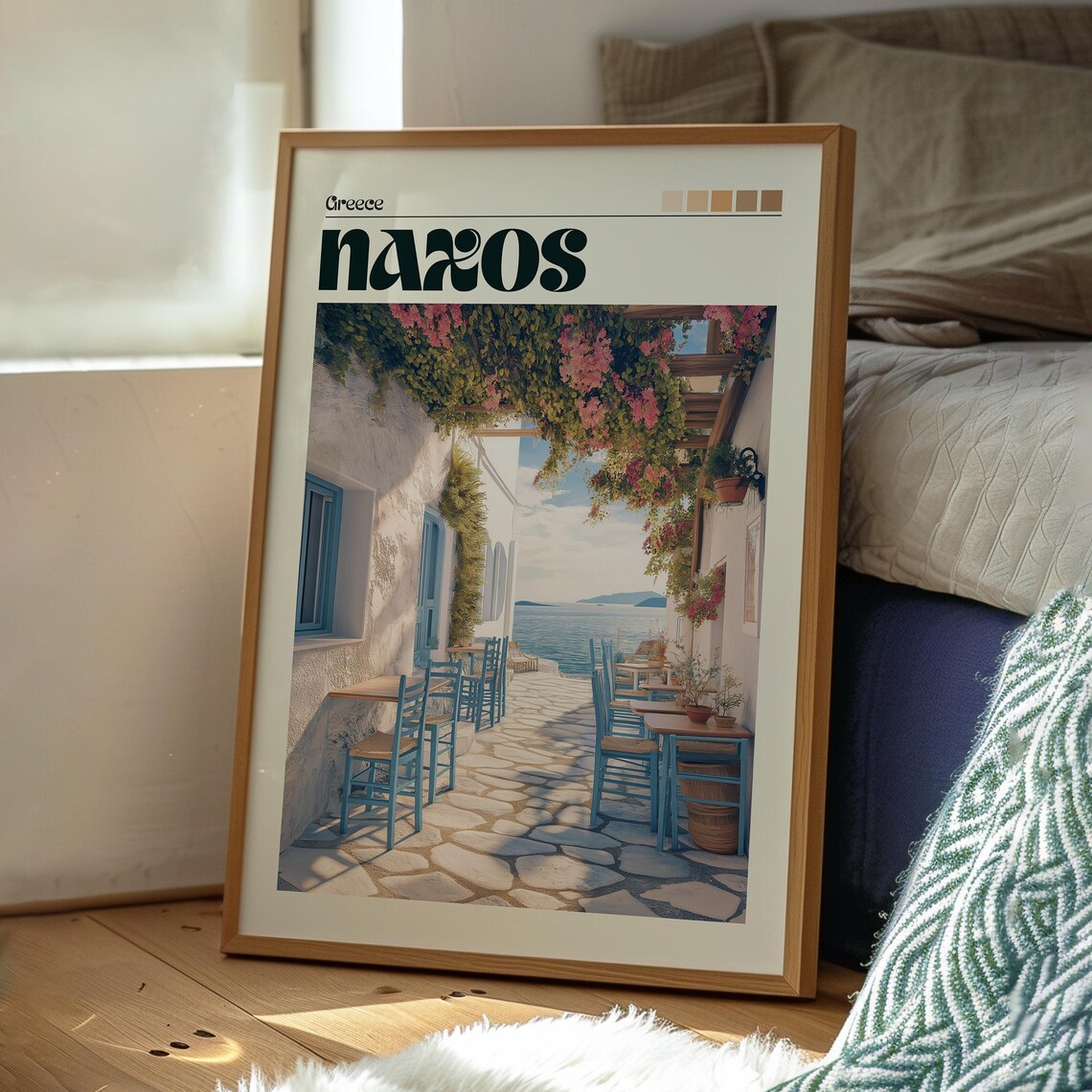 Naxos Greece Taverna Alley Bougainvillea Blue Chairs Sea Travel Poster - Image 3