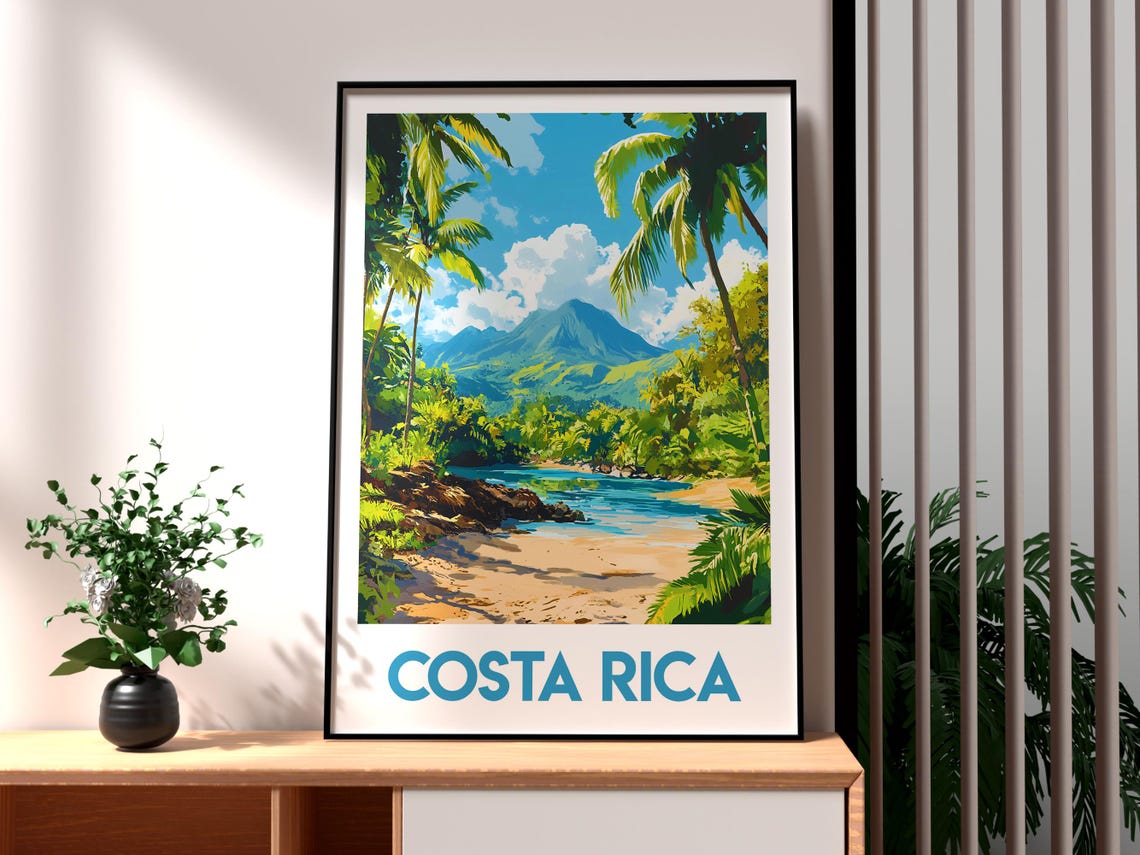 Costa Rica Beach Palm Trees Volcano Mountain Tropical Travel Poster
