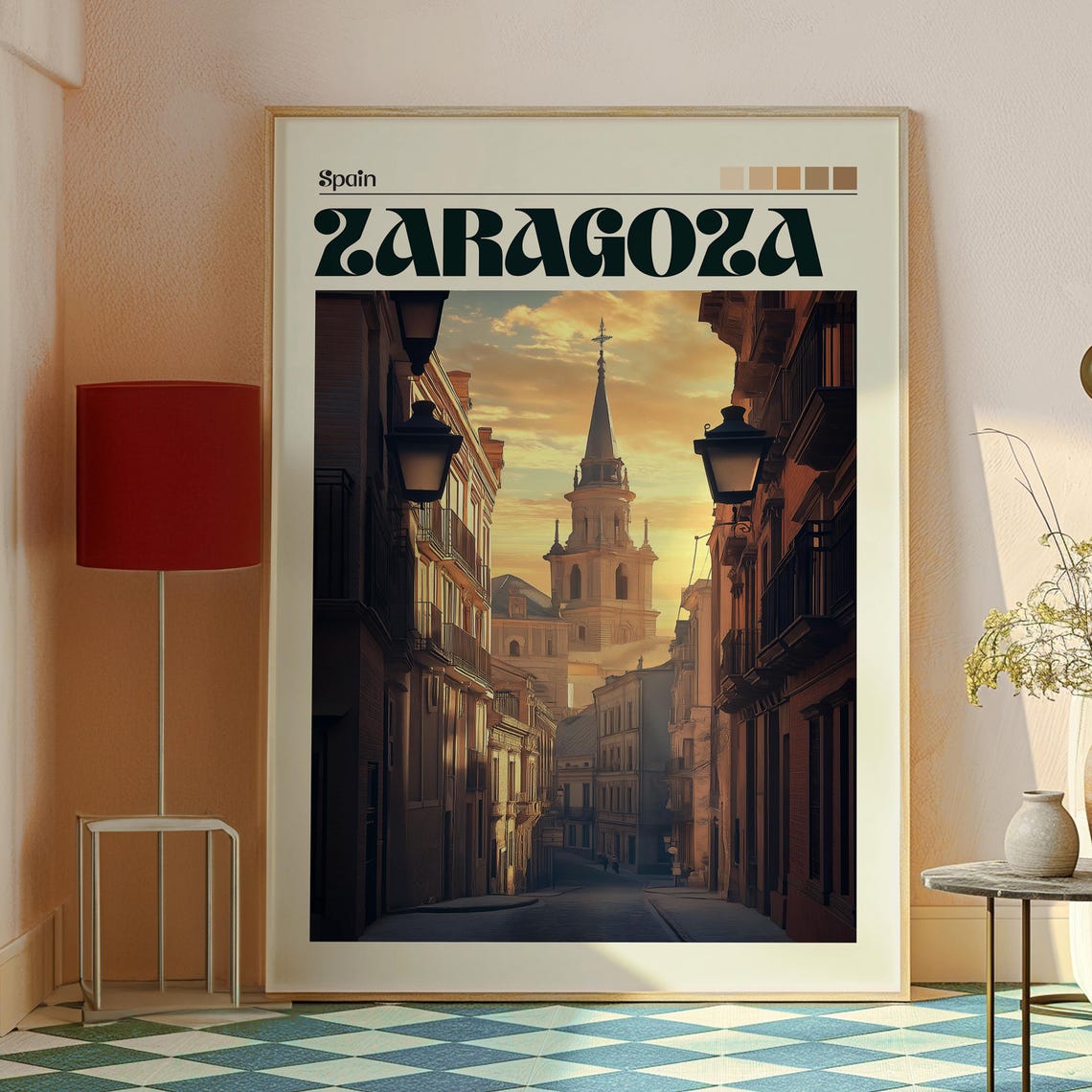 Zaragoza Spain Old Town Street Basilica Sunset Cityscape Poster - Image 2