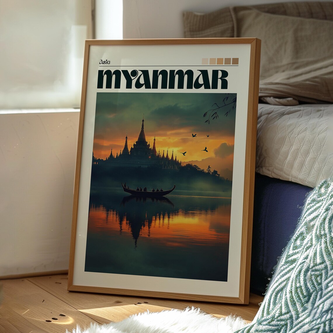 Myanmar Asia Temple Sunset Boat River Silhouette Travel Poster - Image 3