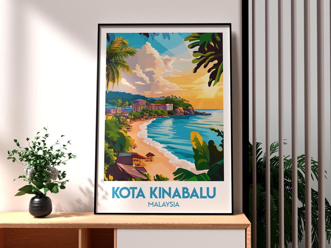 Kota Kinabalu Malaysia Beach Sunset Coast Tropical Bay Travel Poster