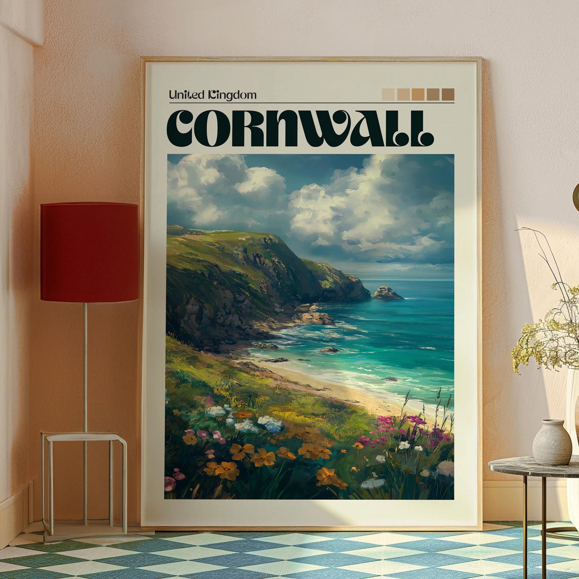 Cornwall England Coastal Cliffs Beach Wildflower Art Travel Poster - Image 2