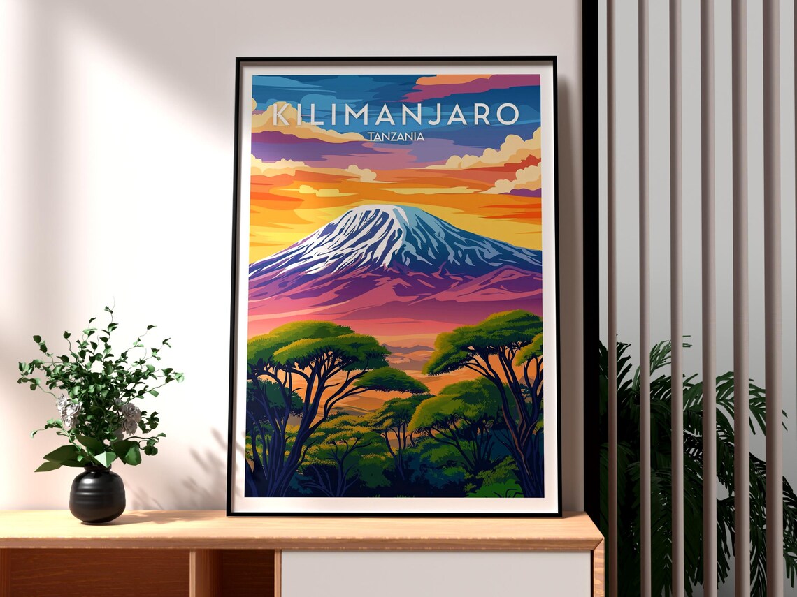Kilimanjaro Tanzania Majestic Mountain Acacia Trees Dawn Sky Poster