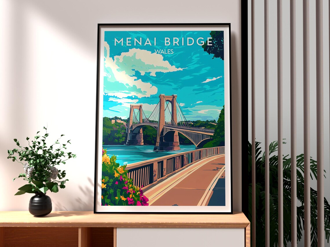 Menai Bridge Wales Suspension Bridge Over Water Travel Poster Art