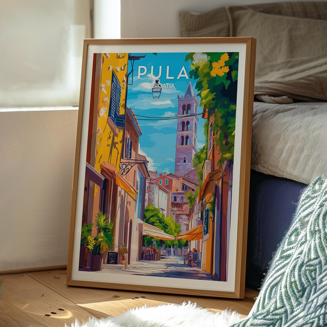 Pula Croatia Old Town Bell Tower Cafe Street Sunny Art Poster - Image 3