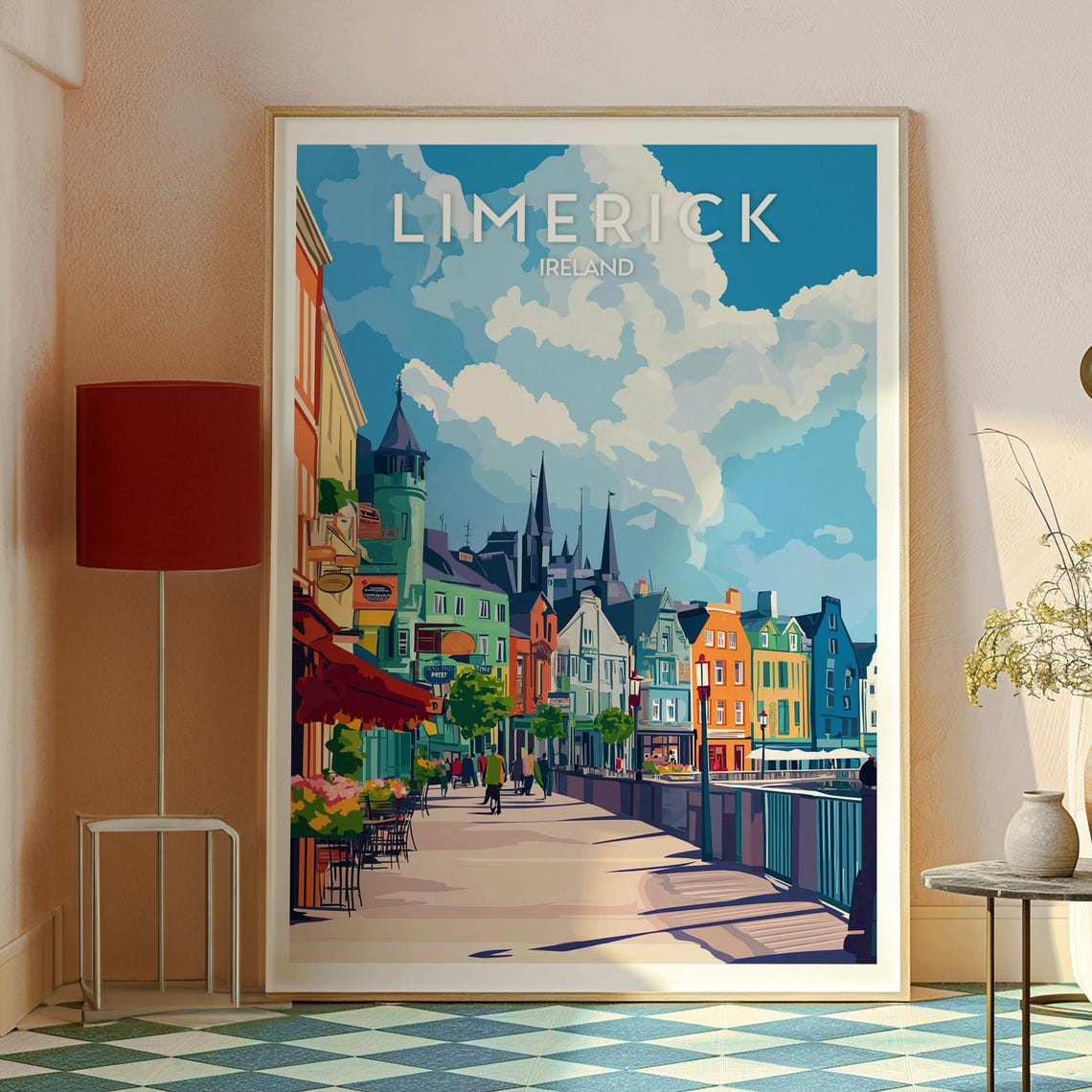 Limerick Ireland Colorful Riverside Street Pubs Church Spires Poster - Image 2