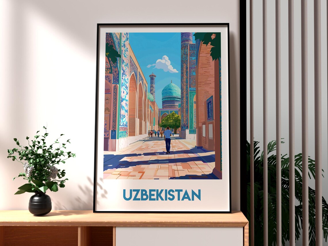 Uzbekistan Silk Road Blue Tiled Madrasas Courtyard Travel Poster