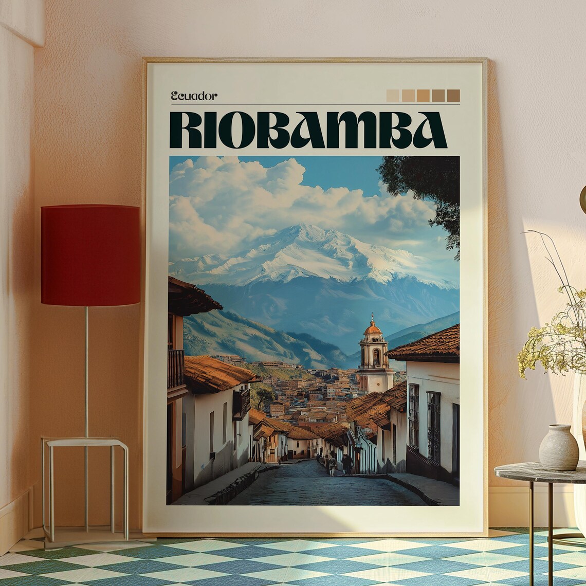 Riobamba Ecuador Street Volcano View Church Retro Travel Poster - Image 2