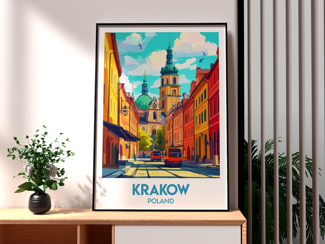Krakow Poland Old Town Church Tram Market Historic Travel Poster